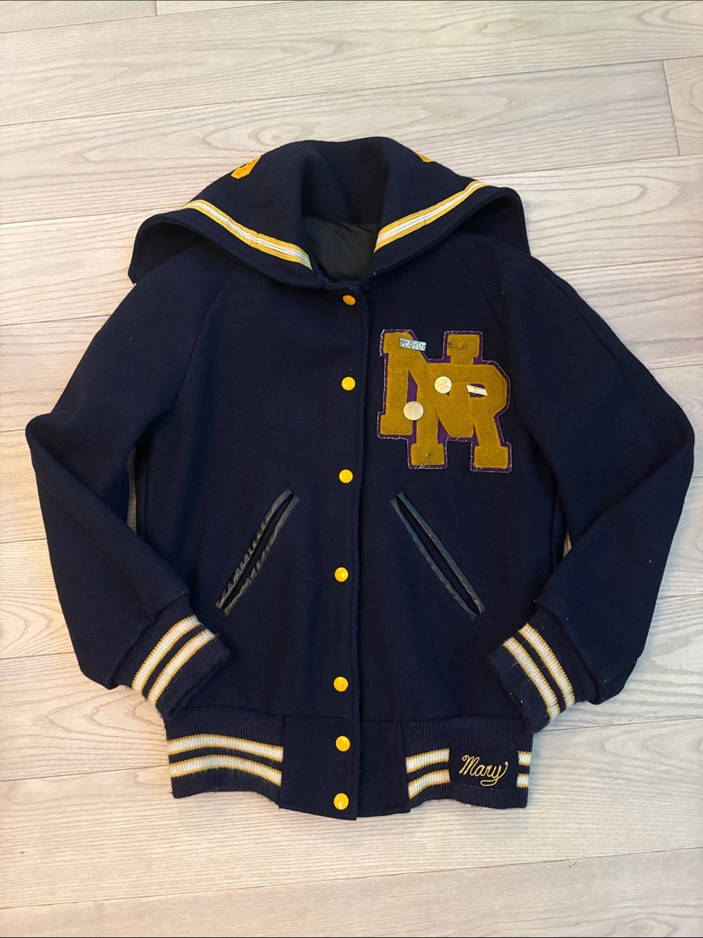 Vintage Navy & Gold Cheerleading Letterman Jacket with 'NR' Patch